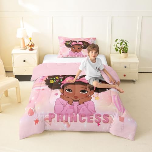 Image of Erosebridal Pink Black Girls Toddler Bedding Set Magical African American Comforter Set for Nursery Afro Little Girls Comforter Cute Room Decor Melanin Bedroom Decor (1 Comforter, 1 Pillowcase)