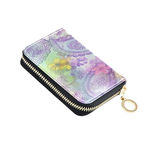 Small RFID Credit Card Holder Wallet with Zipper, Leather Wallet Case for Women Colored Paisley Designs