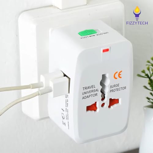 Image of fizzytech Universal Travel Adapter with Dual USB Ports, All-in-One International Power Plug for UK, US, EU, AU, Worldwide Charger for 150+ Countries, Fast Charging Multi Plug (White)