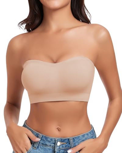 WOWENY Women's Strapless Bra Non-Slip Silicone Wireless Bandeau Bras with Support Seamless Padded Bralette Tube Top Bra