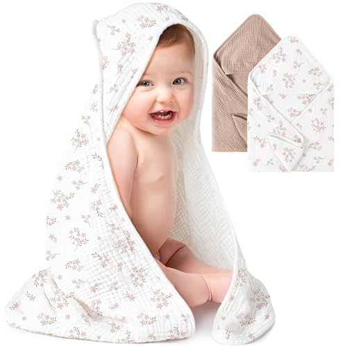 Image of Konssy 2-Pack Muslin Hooded Baby Towels, 100% Cotton, Ultra-Soft & Absorbent Baby Bath Towels with Hood for Newborn & Infant (Taupe,Soft Blooms,32" x 32")
