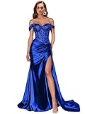 cantcauli Elegant Satin Mermaid Prom Dress Royal Blue 2025 Off Shoulder High Slit Sweetheart Lace Appliques Evening Formal Dress for Women US6