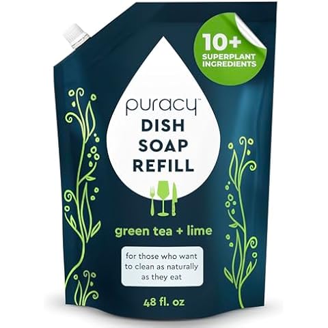 Puracy Natural Dish Soap Refill, Skin-Softening Plant-Based Liquid Dishwashing Detergent Soap, Clean-Rinsing Water-Sheeting Formula, (Green Tea and Lime 48 Oz) Cover