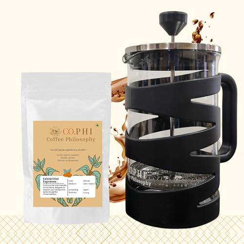 Image of CO.PHI French Press Coffee Maker, 800ml, German Borosilicate Glass Carafe, Stainless Steel Filter, Ergonomic Handle, Black Spiral Design with 100 gms Existential Espresso Ground Coffee