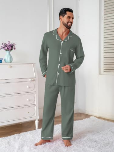 Image of QZH.DUAO Mens Pajama Set 100% Cotton Long Sleeve Button Down PJs