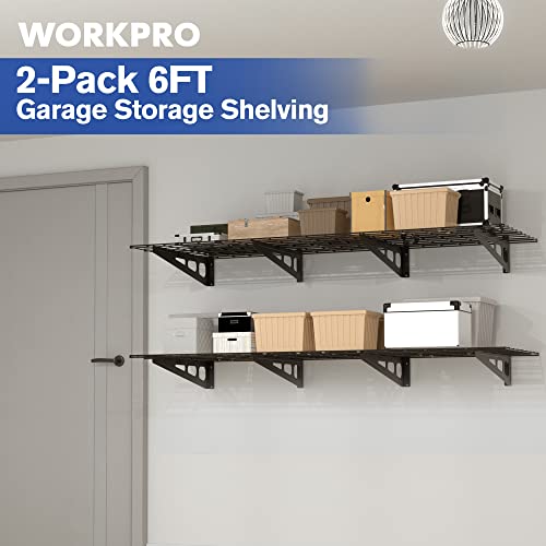 Image of WORKPRO 2-Pack 2x6FT Garage Wall Shelving, 72 inch x 24 inch Heavy Duty Wall Mounted Shelving, 800lbs Load Capacity (Total), Metal Wall Shelves Suitable for Shop, Shed, Garage Storage, Black, 1 Sets