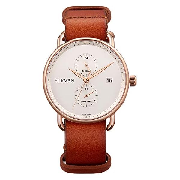 SURVAN Watch Designer Herr kvartsur rostfritt stål fodral med safirkristallglas med äkta läderrem, dubbel tid, vattentät