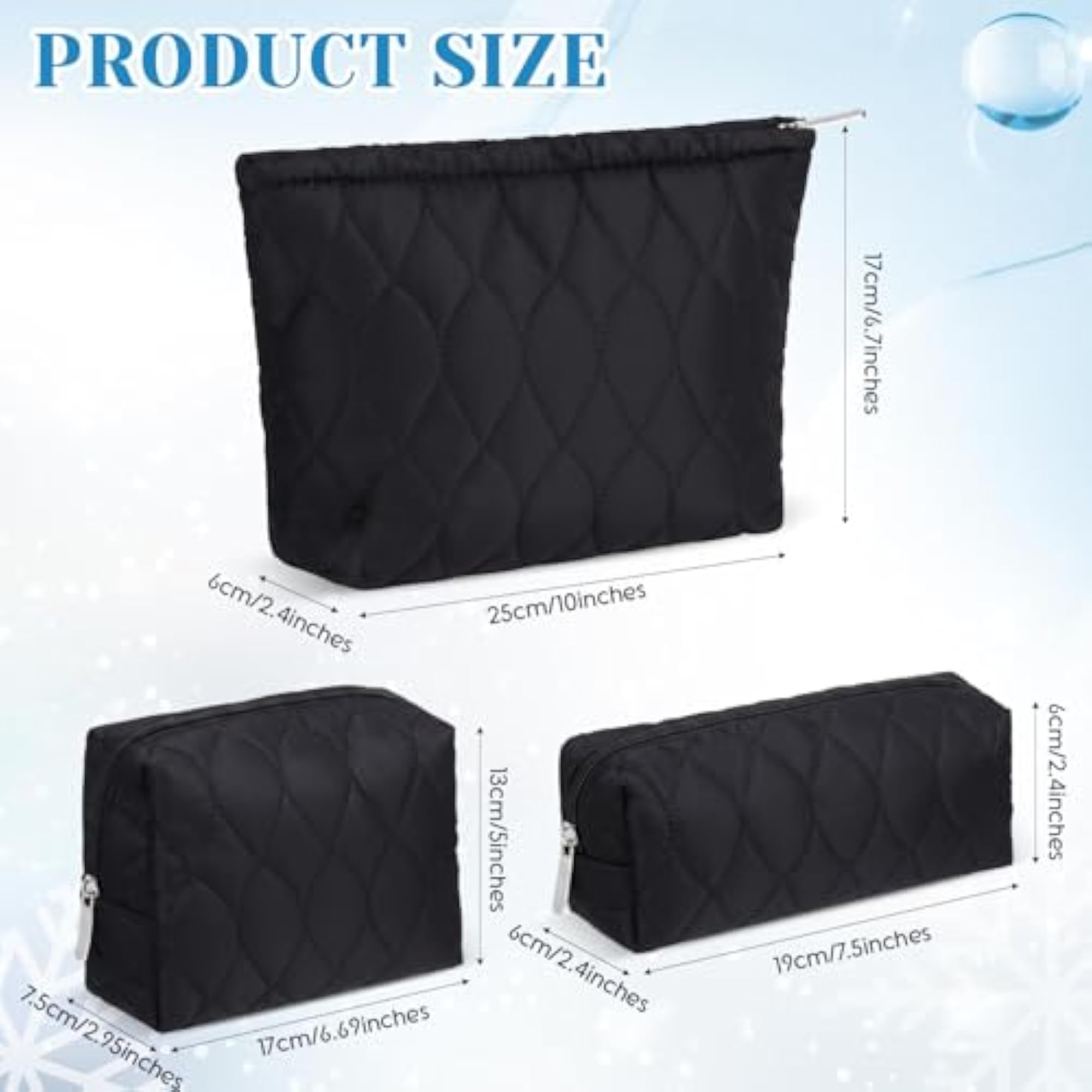 3 Pcs Puffy Makeup Bag for Women, Black Medium