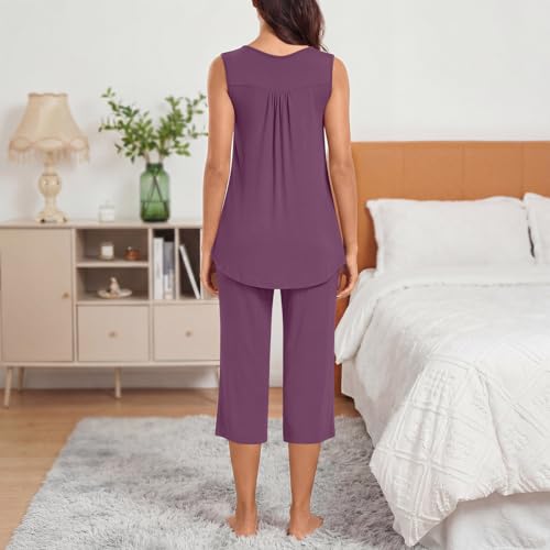 Image of Bestbee Women's Sleeveless Pajama Sets 2 Piece Sleepwear Summer Lounge Outfits Henley Tanks Capri Pants Ladies Pjs