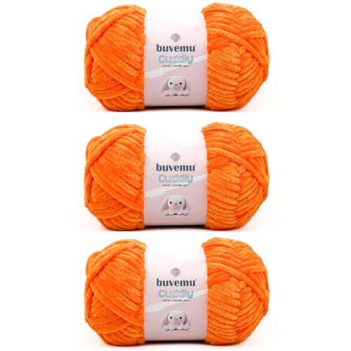 Image of Cuddly Velvet Chenille Yarn, Super Soft Fluffy Bulky for Knitting Crocheting Blanket Amigurumi, Durable for Shedding, 100 Gram (3.53 Ounces) 109 Yards (100 Meters) (Orange) (3 Skeins)