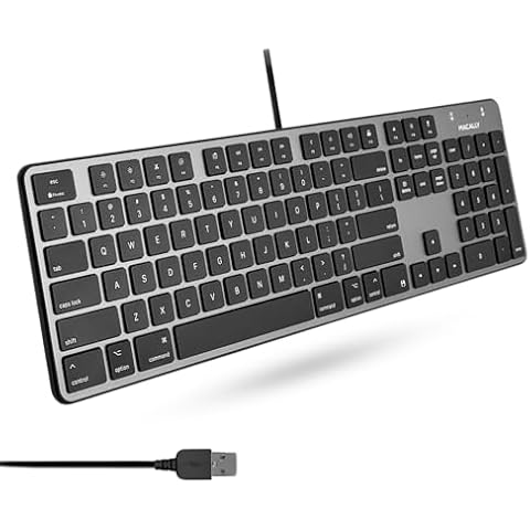 Macally Slim USB Wired Keyboard for Mac - Full Size 104 Key Layout & 16 Shortcut Keys - Scissor Keycaps for Tactile Typing - Wired Keyboard with Numeric Keypad - Plug and Play Keyboard - Space Gray Cover
