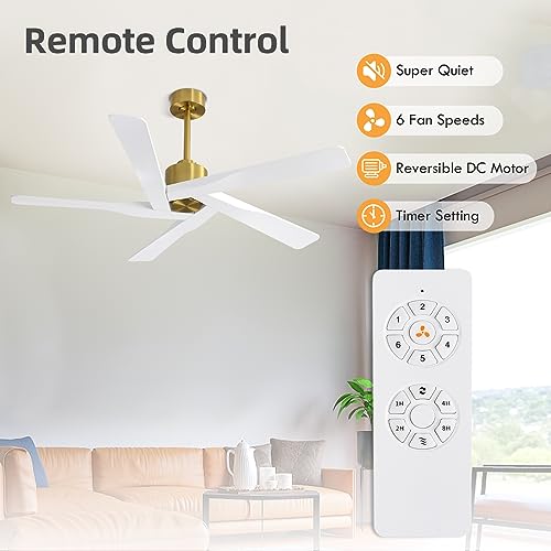 WINGBO 54" ABS DC Ceiling Fan No Light, 5 Blade ABS Plastic Ceiling Fan with Remote, 6-Speed Reversible DC Motor, Ceiling Fans without Light for Kitchen Bedroom Living Room, Brass and White by WINGBO - Used condition - Image 2