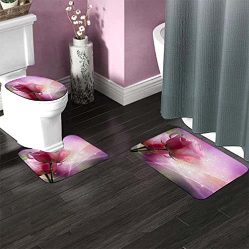 Badezimmerteppich-Set, 3-teilig, Rosa Blume, waschbare Badeteppiche, rutschfest, mit Rückenpolster, Konturteppich und Toilettendeckelbezug – Bild 4