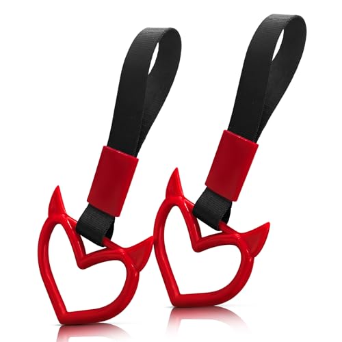 Image of 2 Pcs Devil Heart Shaped Car Handle Strap - Drift Charm Rear Bumper Warning Ring Decor for Car Interior Exterior, Subway Bus Handle Accessory, Cute Heart Car Decor Gift for Drivers (Red)