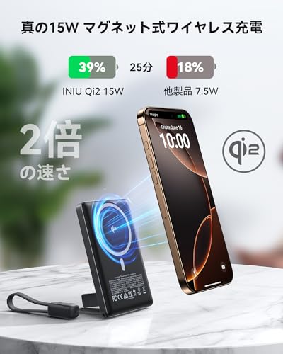 INIU モバイルバッテリー MagSafe対応 10000mAh 薄型 Qi2認証 P73 の商品画像 2