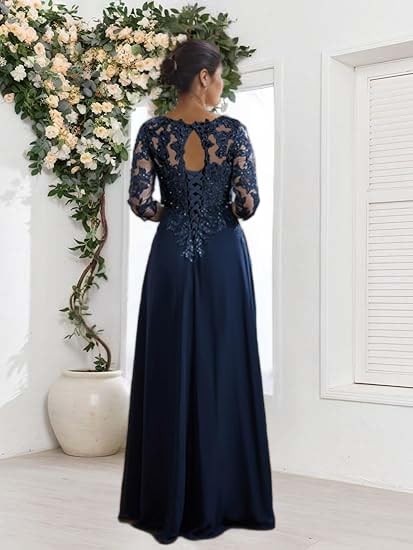 Mother of The Bride Dresses for Wedding Formal Evening Gowns 3/4 Sleeve V Neck Long Chiffon Wedding Guest Dress3