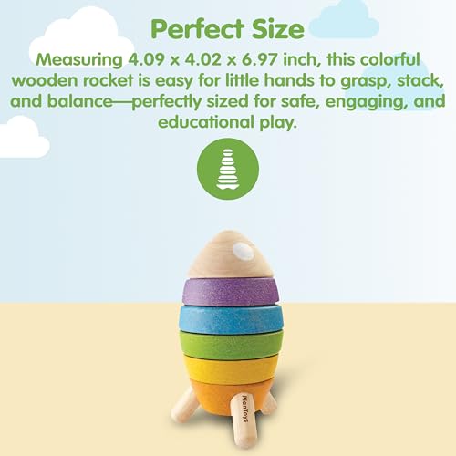 Image of PlanToys Wooden Stacking Rocket Toy for Toddlers | Montessori Educational STEM Learning Toy | Colorful Wooden Rocket Ship Stacker for Fine Motor Skills, Problem Solving, Preschool Gift