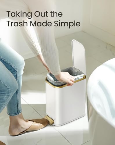 Image of Cesun Small Bathroom Trash Can with Gold Grimmed Lid & Pedal, 1.3Gal, White