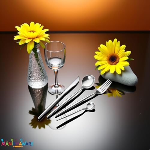 Image of Slim Handle Silver 4 Pcs Stainless Steel Cutlery Set for Dining Table, Dishwasher Safe Glossy Flatware (1 Spoon Set + 1 Forks Set + 1 Butter Knife + 1 Dessert Spoon)