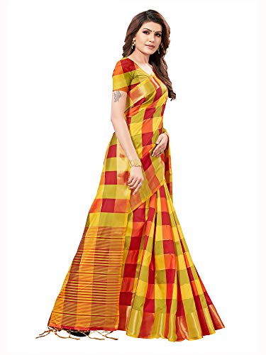 Image of AKHILAM Women's Checkered Solid Art Silk Saree with Unstitched Blouse Piece(Yellow PTRCX01G)