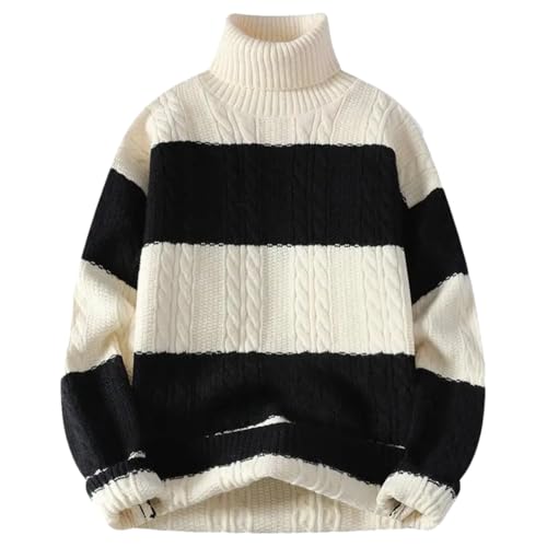 Men's Striped High Neck Sweater Color Block Knit Pullover Fashion Streetwear Winter Warm Jumper