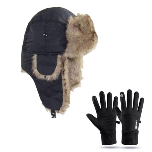 Image of ASWER Warm Trapper Trooper Hat Winter Skiing Cap Gloves Set Touch Screen Women Men