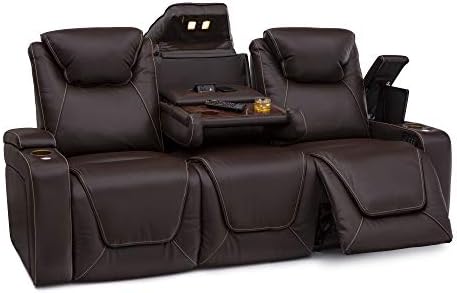 Seatcraft Vienna Home Theater Seating - Top Grain Leather - Power Recline - Power Headrest - Powered Lumbar - AC USB Charging - Cup Holders - (Sofa with Fold Down Table, Brown)