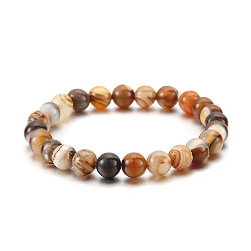 Turandoss Gemstone Bracelet for Men, Laguna Lace Agate Beads Bracelet Natural Semi-Precious Gemstone Beaded Stretch Bracelet 8mm Round Beads 7