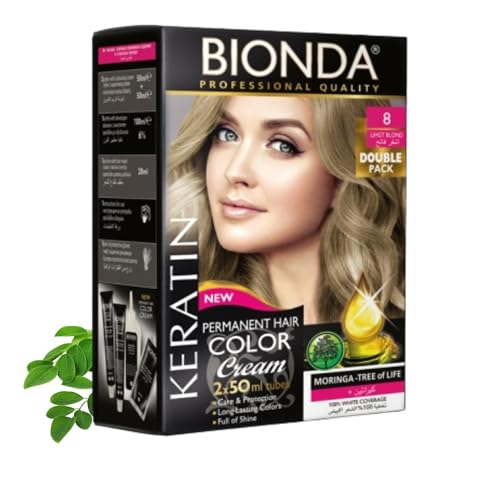 Tinte permanente BIONDA Professional Color Cream 8 rubio claro, 200 ml, paquete doble, queratina y moringa, color intenso y duradero con brillo, cobertura 100% de canas