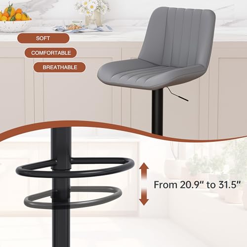 Image of JAMFLY Modern Leather Bar Stools - Swivel & Height-Adjustable Bar Chairs with Footrest, Ergonomic Design for Kitchen Island, Home & Commercial Bar - Set of 2, Grey
