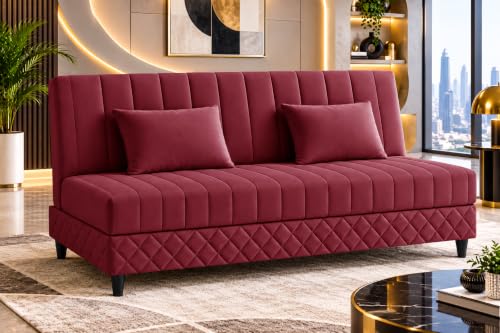 Image of 3-Seater Velvet Sofa Cum Bed | Tufted Convertible Sleeper Sofa | Plush Cushioned Seating | Space-Saving Design for Living Room, Bedroom & Office | Red