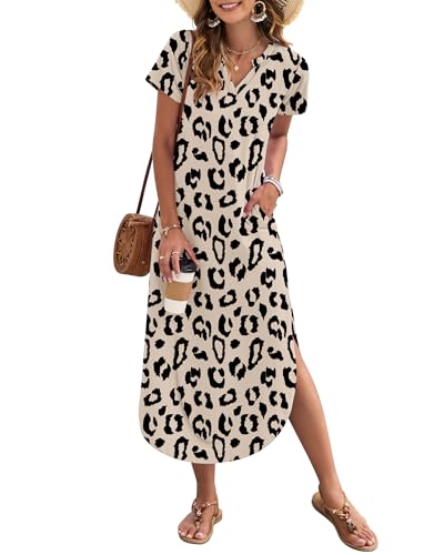 Image of MISFAY Women's Summer Maxi Dress 2026 Casual Short Sleeves V Neck Loose Sundress Split Long Beach T Shirt Dress