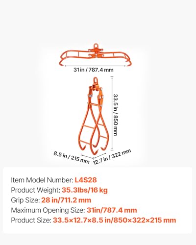 Image of VEVOR Timber Claw Hook, 28 inch 4 Claw Log Grapple Logging Tongs, Swivel Steel Log Lifting Tongs 31 inch Max Opening, Eagle Claws with 2205LBS /1000kg Loading Capacity for Tractors, ATVs, Trucks, Forklifts