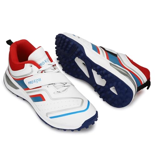 Image of PRO KVH Plus 2.0 Cricket Shoes for Men's White Red Orange Blue - Fast Strap Rubber Spikes, Lightweight,Performance, Comfort, and Durability Shoe for All-Round Performance