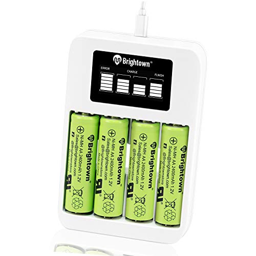 4 Bay Smart Fast Charger with LCD Screen and Mirco USB Input for NiMH AA AAA Rechargeable Batteries, 4 x 2400mAh AA Rechargeable Batteries Included