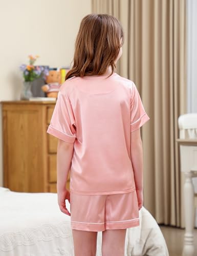 DIPUG Girls Pajamas Set Silky Satin Short Sleeve V Neck Pjs Soft Homewear Sleepwear 6-12 Years3
