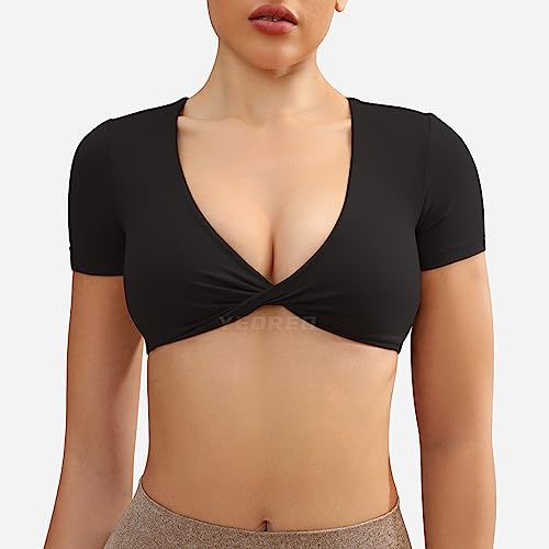 YEOREO Kyla Workout Crop Tops for Women Short Sleeve Twist Front Crop Tank Top Padded Sports Bra Casual Shirts2