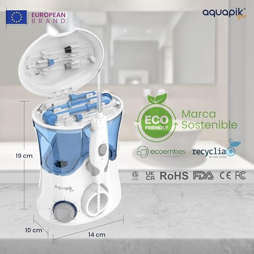 Irrigador dental Aquapik PRO sobremesa | 10 niveles de presión, Rotación 360º, 600 mL, 8 boquillas, manguera 100 cm, impermeable IPX7 | Elimina la placa, protege las encías y cuida tu ortodoncia - imagen 2