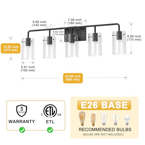 Image of L LOHAS LED 5-Light Bathroom Light Fixtures, 33.85 inch Black Bathroom Vanity Light with Straight Glass Shades, Modern Vanity Lights for Bathroom Light Fixtures Over Mirror Living Room Hallway, E26, ETL