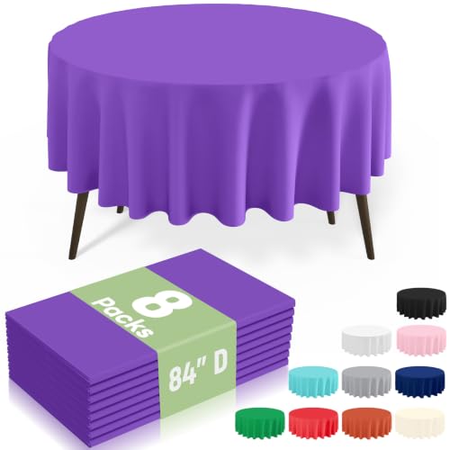 Image of misaya 8 Packs Disposable Plastic Table Cloth, 84 inch Round Waterproof Tablecloth, Leakproof & Sturdy Decorative Table Covers for Picnic, Party, Outdoor and Back to School, Purple