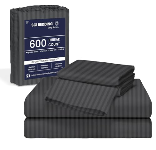 Image of SGI 108 inchx80 inch 4 Pc Florida King Sheet Set 600 TC 12 inch Deep, Dark Gray Stripe