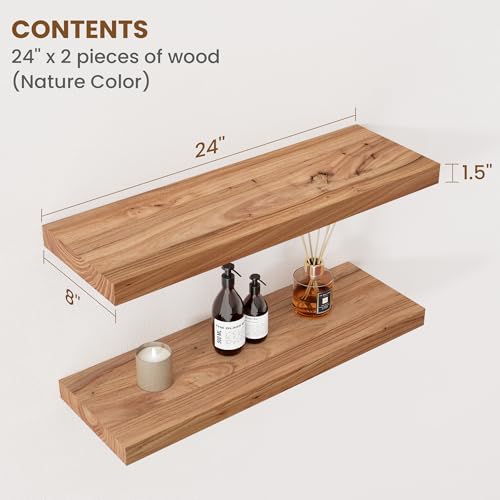 Image of Floating Shelves for Wall Decor, 8 inch Deep Rustic Solid Elm Wood Floating Shelves Wall Mounted, Wall Shelves with Invisible Bracket for Living Room Bathroom Bedroom Kitchen, 24 Inch Set of 2, Natural