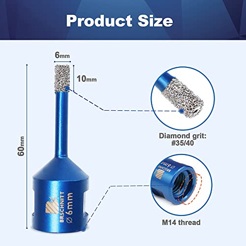 Diamond Drill Bit 6mm,BRSCHNITT 5pcs M14 Vacuum Brazed Diamond Tip Drill Bit for Tile Porcelain Stoneware Ceramic Marble Granite Drilling,Suitable For Angle Grinders