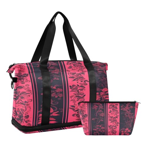 Pink Floar and Black Stripe Seamless Travel Duffel Bag Waterproof Gym Sport Tote Bag Carry On Weekender Bag with Compartment