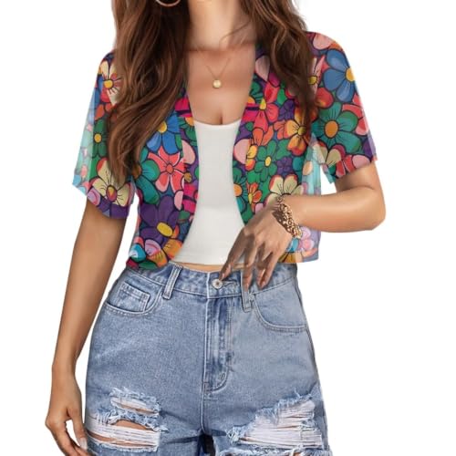 Image of Womens Short Sleeve Cardigans Lightweight Summer Cardigan Trendy Bolero Shrug Cute Floral Cardigan Sheer Bolero