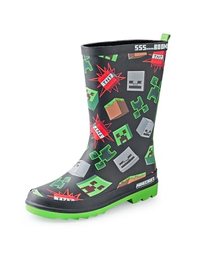 Minecraft Creeper Black Storm Boots | Waterproof Rain Footwear with Printed TNT, Block Elements Merch