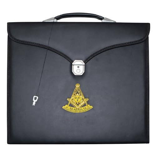 Masonic Past Master Apron File Case MM/WM Size Black Leather, Hand Embroidered Emblem | Carrying Bag