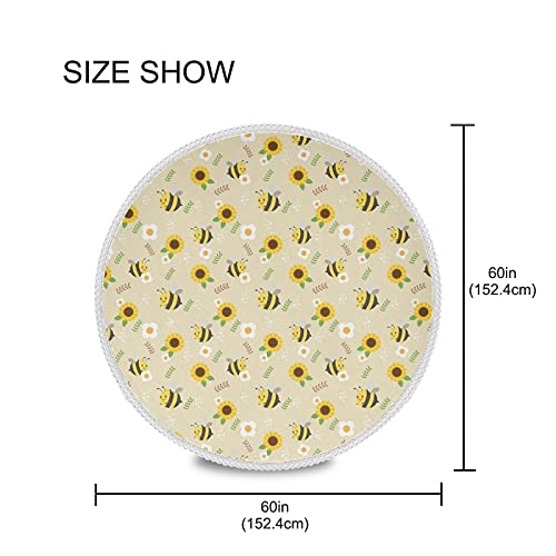Cute Spring Bee Round Tablecloth 60 Inch Washable Polyester Lace Trim,Yellow Sunflower Kitchen Circle Table Cloth Cover Mat For Party Dinning Tabletop Wedding Home Decor #TOP1