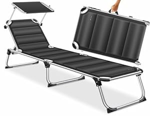 KESSER® Sonnenliege Sun mit Dach Gartenliege Liegestuhl klappbar Sonnendach Verstellbarer Rückenlehne, ergonomisch gepolsterter Liegefläche Aluminium Liege Gartenstuhl tragbar Strandliege, Schwarz