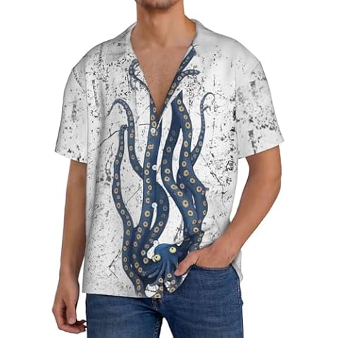 ReLuB 3D Funky Hawaiian Shirt for Men, Blue Octopus Graphics Button Down Beach Shirts Design Pattern Short Sleeve Vacation Shirts (M), Medium Cover